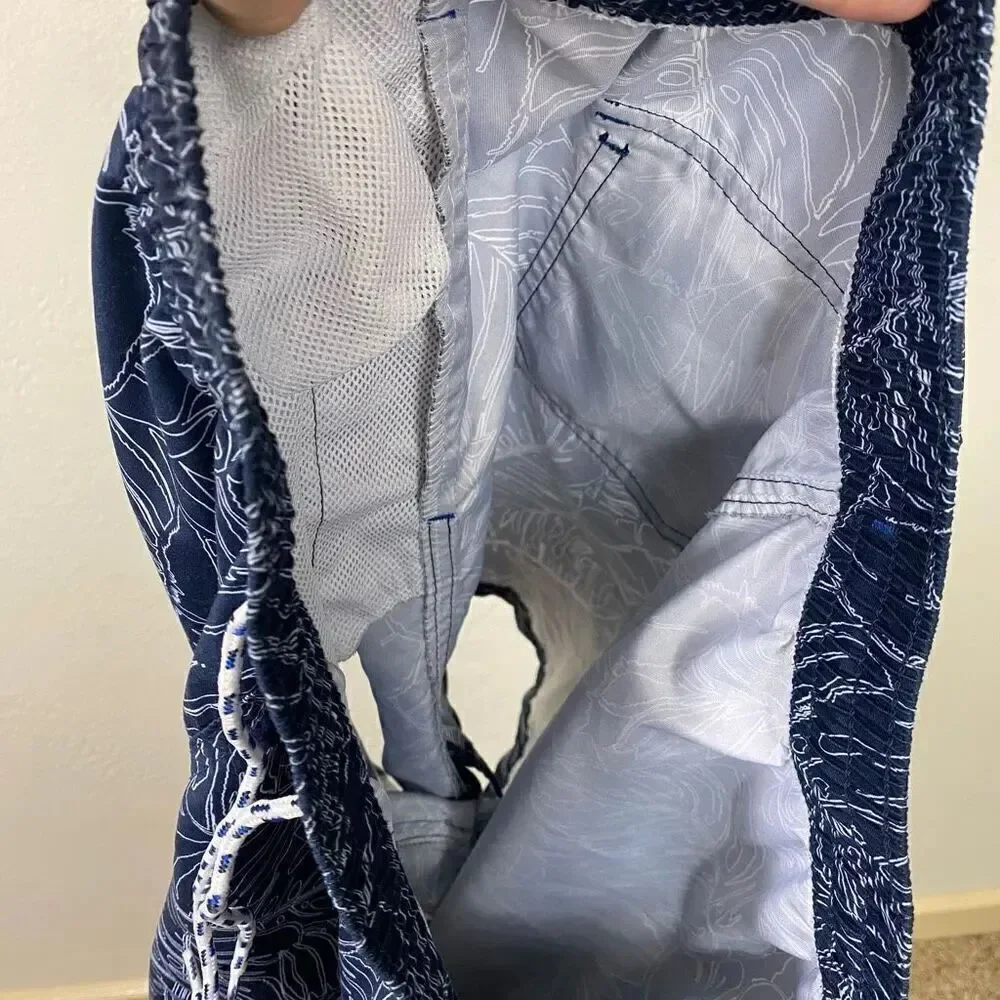 Men’s Navy Blue & White Tropical Leaf Pattern Swim Trunks Board Shorts Size S